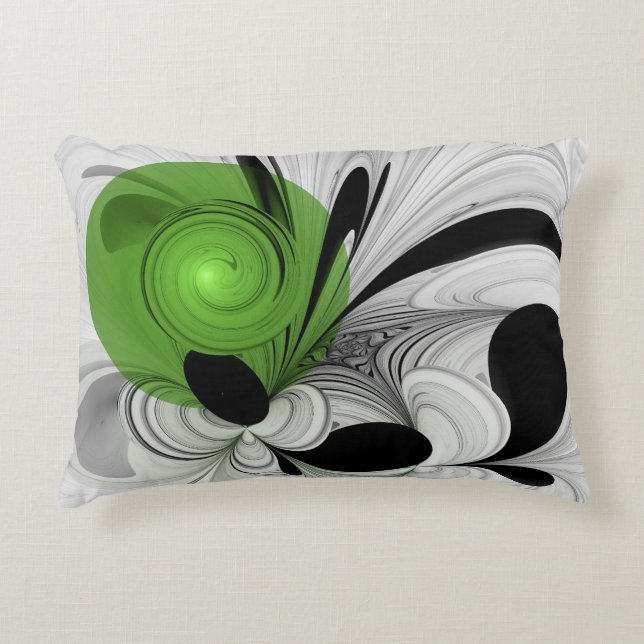Abstract Zwart-wit met Groene Fractal Art Accent Kussen (Voorkant)