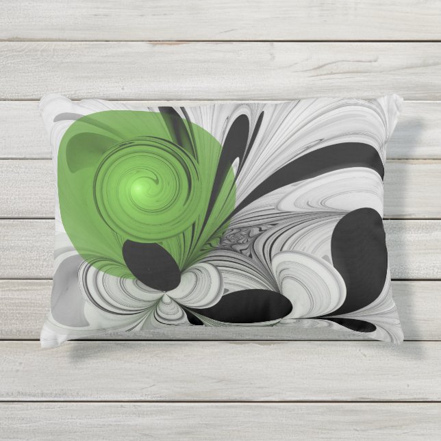 Abstract Zwart-wit met Groene Fractal Art Buitenkussen (Voorkant)