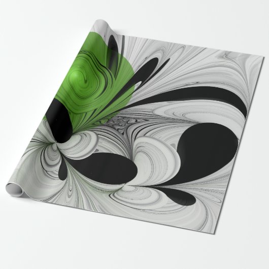 Abstract Zwart-wit met Groene Fractal Art Cadeaupapier (Uitgerold)