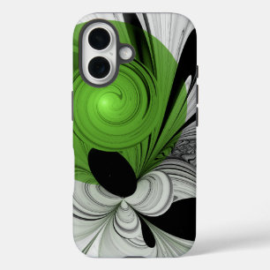 Abstract Zwart-wit met Groene Fractal Art iPhone 16 Hoesje