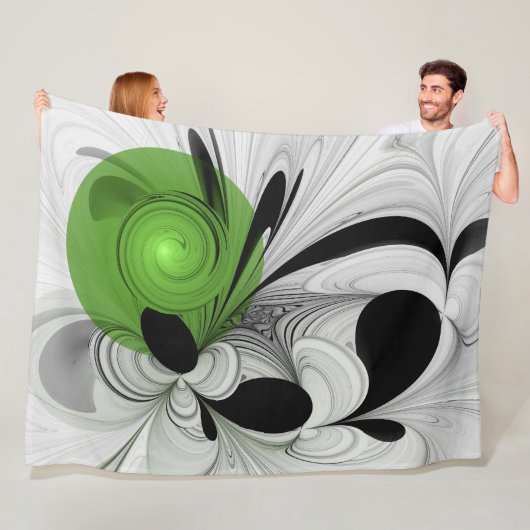 Abstract Zwart-wit met Groene Fractal Art Fleece Deken (In situ)
