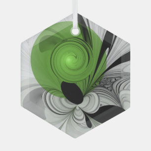 Abstract Zwart-wit met Groene Fractal Art Glas Ornament
