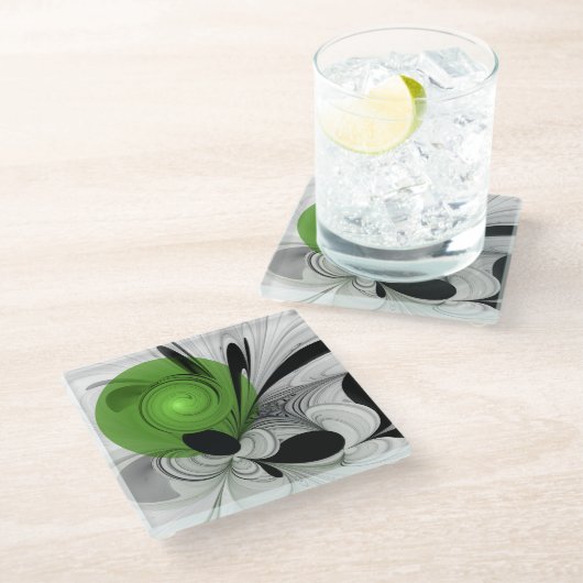 Abstract Zwart-wit met Groene Fractal Art Glazen Onderzetter (Schuin)