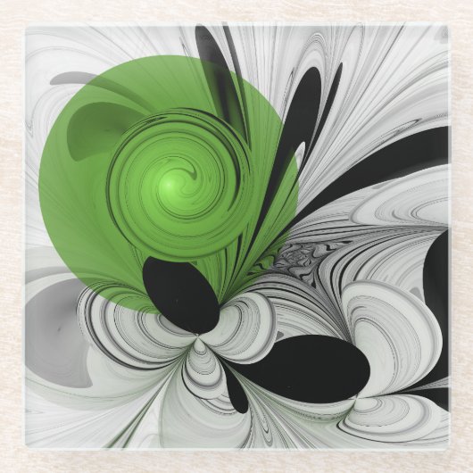 Abstract Zwart-wit met Groene Fractal Art Glazen Onderzetter (Voorkant)