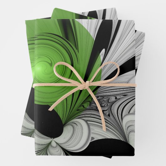 Abstract Zwart-wit met Groene Fractal Art Inpakpapier Vel (In situ)