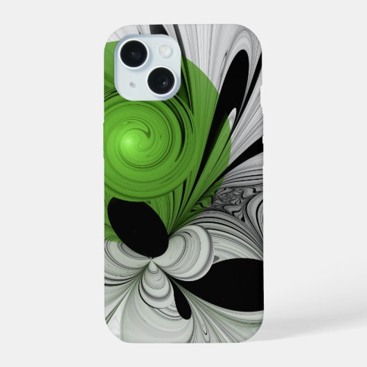 Abstract Zwart-wit met Groene Fractal Art iPhone 15 Case (Achterkant)