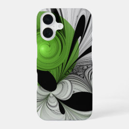 Abstract Zwart-wit met Groene Fractal Art iPhone 16 Hoesje