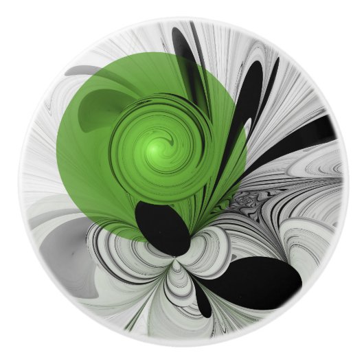 Abstract Zwart-wit met Groene Fractal Art Keramische Knop (Voorkant)