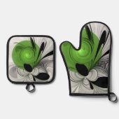 Abstract Zwart-wit met Groene Fractal Art Ovenwant & Pannenlap Set (Voorkant)