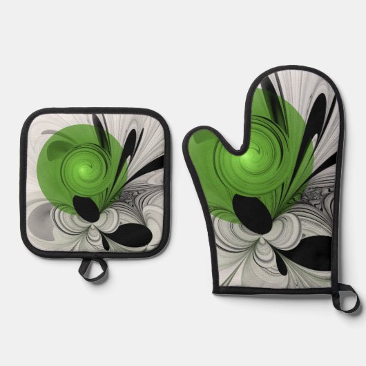 Abstract Zwart-wit met Groene Fractal Art Ovenwant & Pannenlap Set (Voorkant)