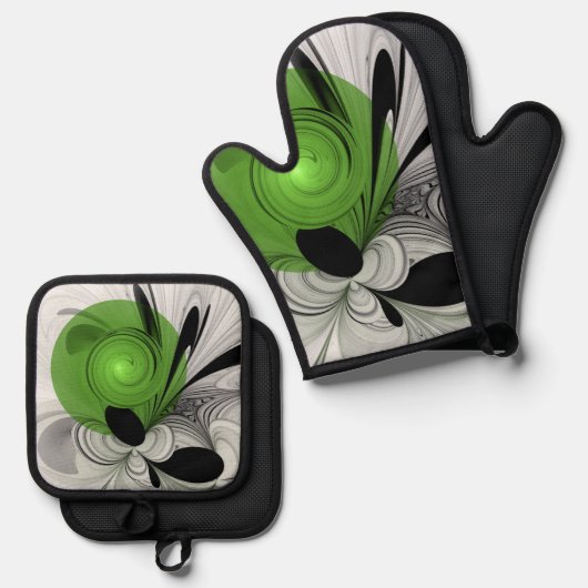 Abstract Zwart-wit met Groene Fractal Art Ovenwant & Pannenlap Set (Voorkant / Achterkant)