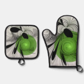 Abstract Zwart-wit met Groene Fractal Art Ovenwant & Pannenlap Set (Voorkant)