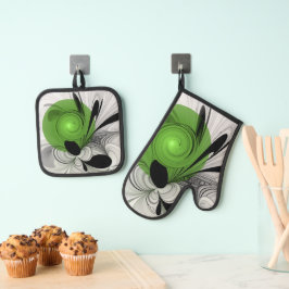 Abstract Zwart-wit met Groene Fractal Art Ovenwant & Pannenlap Set