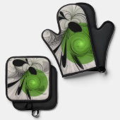 Abstract Zwart-wit met Groene Fractal Art Ovenwant & Pannenlap Set (Voorkant / Achterkant)