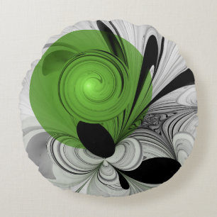 Abstract Zwart-wit met Groene Fractal Art Rond Kussen