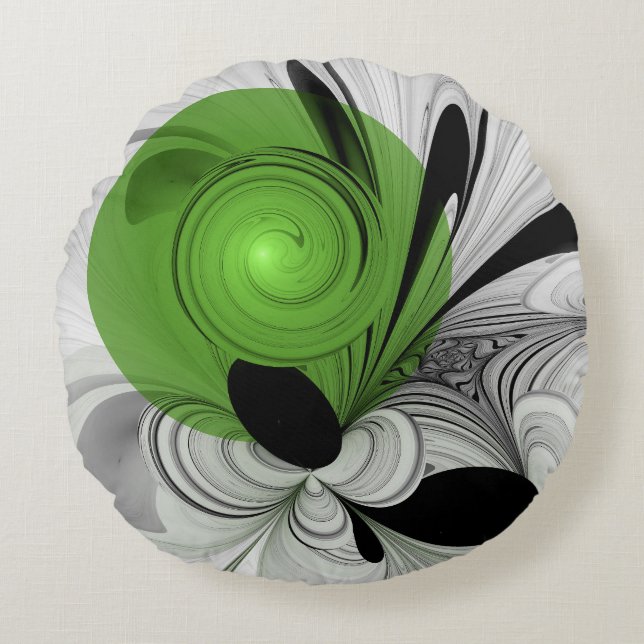 Abstract Zwart-wit met Groene Fractal Art Rond Kussen (Voorkant)