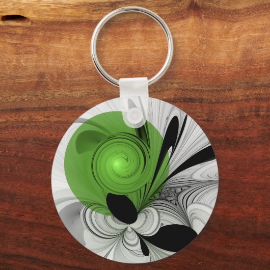 Abstract Zwart-wit met Groene Fractal Art Sleutelhanger (Voorkant)