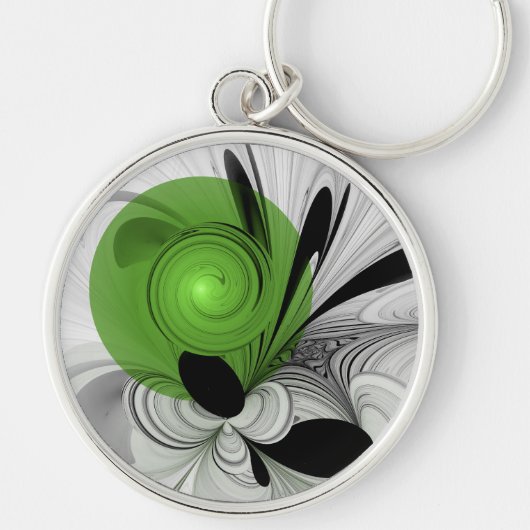 Abstract Zwart-wit met Groene Fractal Art Sleutelhanger (Voorkant)