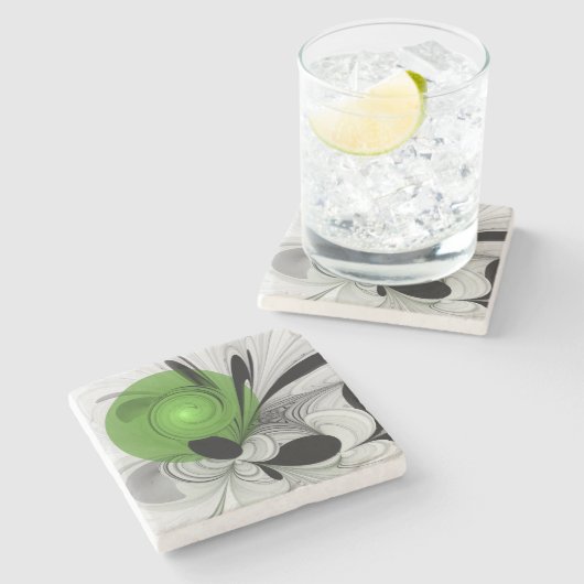 Abstract Zwart-wit met Groene Fractal Art Stenen Onderzetter (Zijkant)