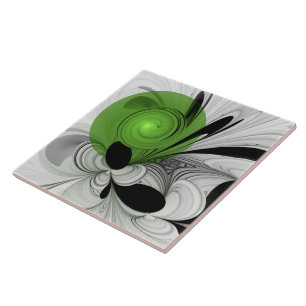 Abstract Zwart-wit met Groene Fractal Art Tegeltje