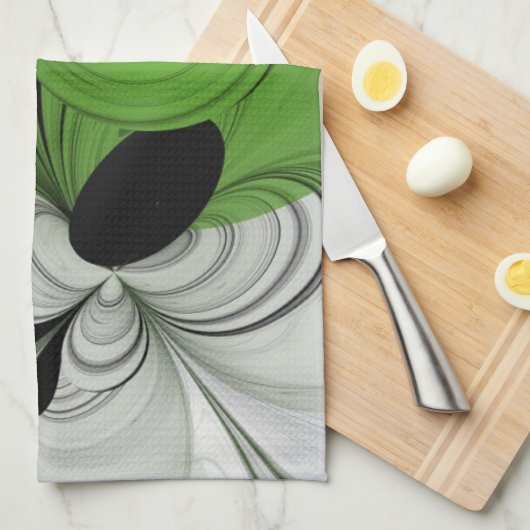 Abstract Zwart-wit met Groene Fractal Art Theedoek (Quarter Fold)