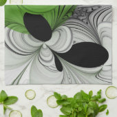 Abstract Zwart-wit met Groene Fractal Art Theedoek (Gevouwen)