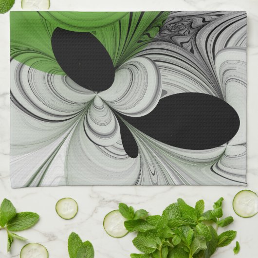 Abstract Zwart-wit met Groene Fractal Art Theedoek (Gevouwen)