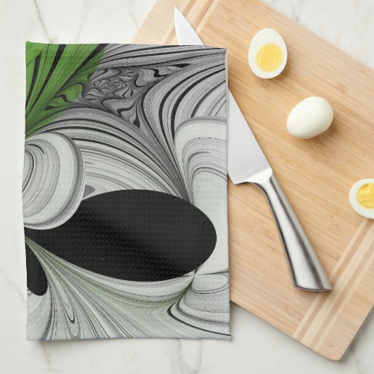 Abstract Zwart-wit met Groene Fractal Art Theedoek (Quarter Fold)