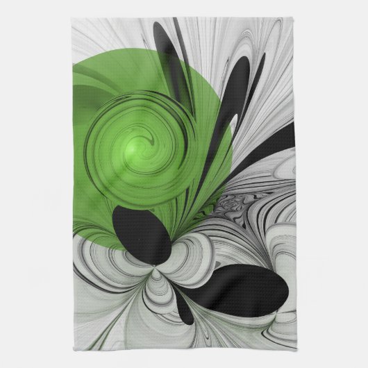 Abstract Zwart-wit met Groene Fractal Art Theedoek (Verticaal)