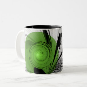 Abstract Zwart-wit met Groene Fractal Art Tweekleurige Koffiemok