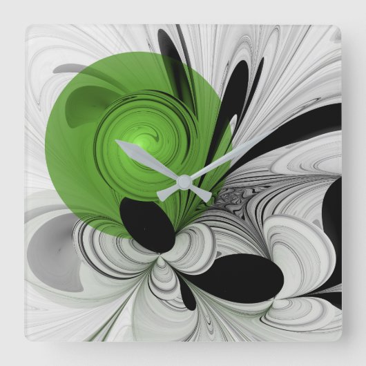 Abstract Zwart-wit met Groene Fractal Art Vierkante Klok (Voorkant)