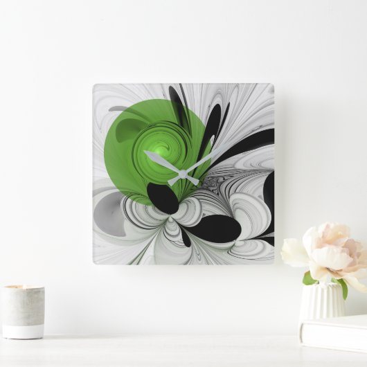 Abstract Zwart-wit met Groene Fractal Art Vierkante Klok (Huis)