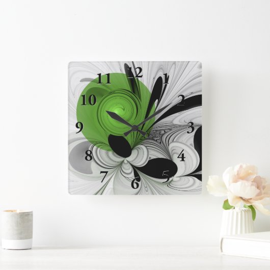 Abstract Zwart-wit met Groene Fractal Art Vierkante Klok (Huis)