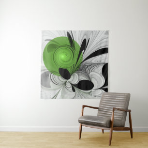 Abstract Zwart-wit met Groene Fractal Art Wandkleed