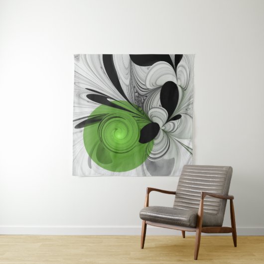 Abstract Zwart-wit met Groene Fractal Art Wandkleed (In situ)