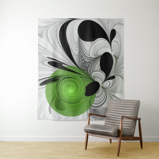 Abstract Zwart-wit met Groene Fractal Art Wandkleed (In situ)