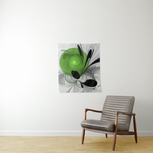 Abstract Zwart-wit met Groene Fractal Art Wandkleed (In situ)