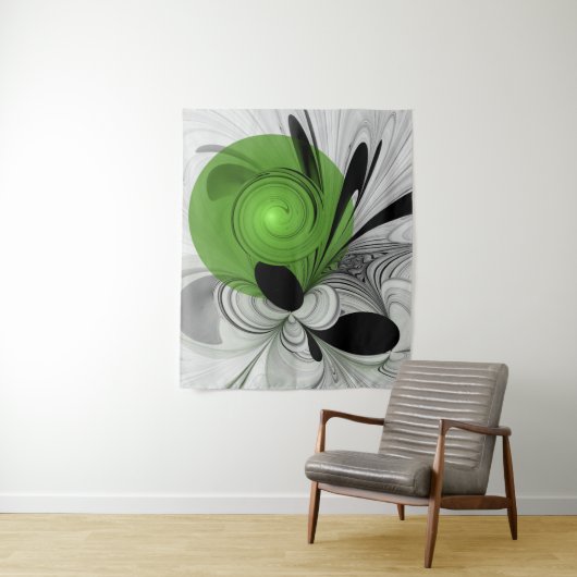 Abstract Zwart-wit met Groene Fractal Art Wandkleed (In situ)