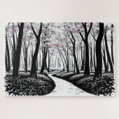 Abstract zwart-wit silhouet bos pad legpuzzel (Horizontaal)