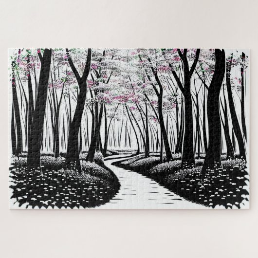 Abstract zwart-wit silhouet bos pad legpuzzel (Horizontaal)