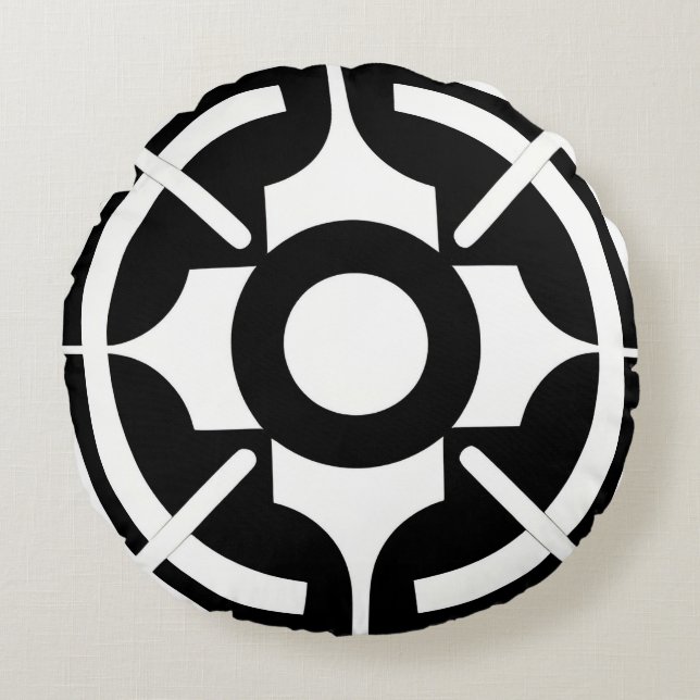 Abstract zwart-wit symbolisch geometrisch rond kussen (Voorkant)