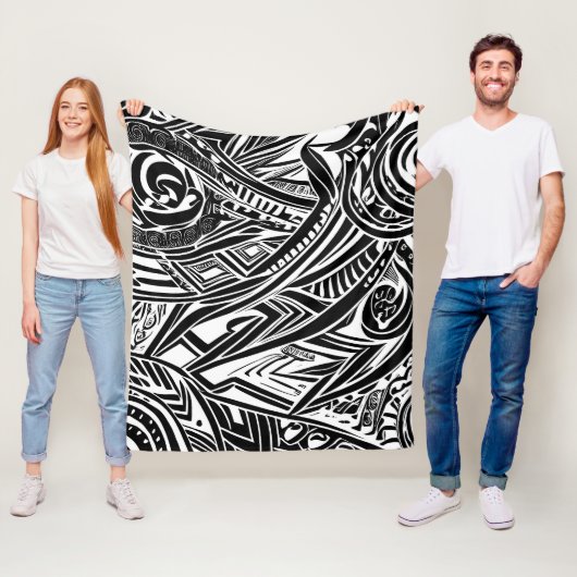 Abstract zwart-wit tribaal fleece deken (In situ)