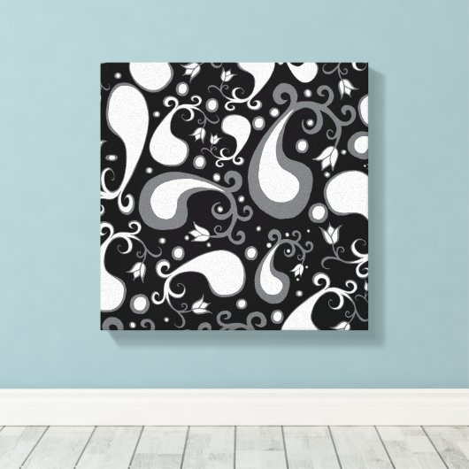 Abstract zwart-wit Tulip Paisley Floral Canvas Afdruk (Insitu (Houten vloer))