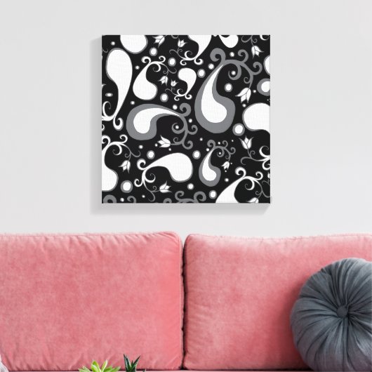 Abstract zwart-wit Tulip Paisley Floral Canvas Afdruk (Insitu (Woonkamer))