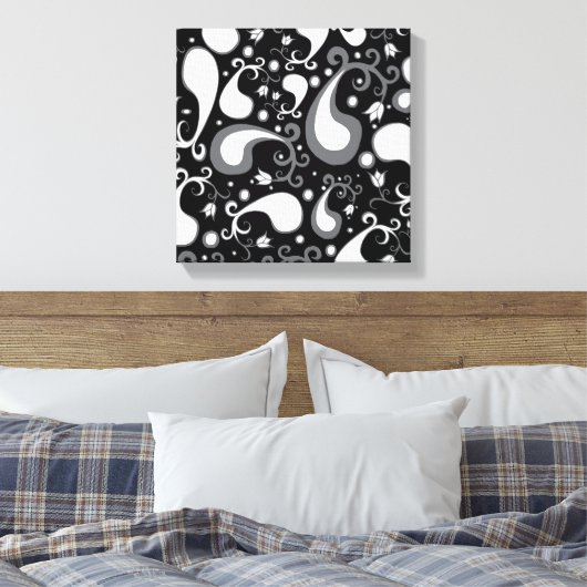 Abstract zwart-wit Tulip Paisley Floral Canvas Afdruk (Insitu (Slaapkamer))