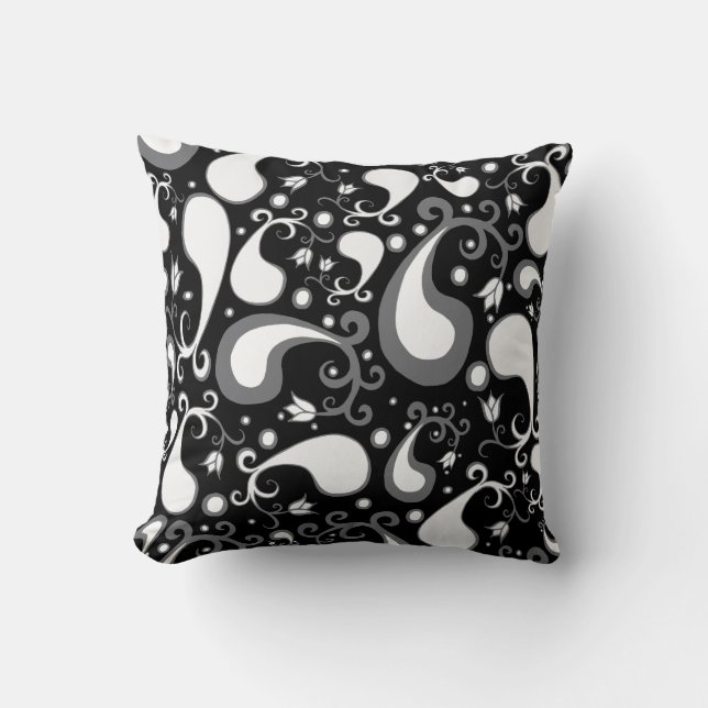Abstract zwart-wit Tulip Paisley Floral Kussen (Voorkant)