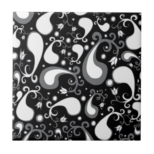 Abstract zwart-wit Tulip Paisley Floral Tegeltje (Voorkant)