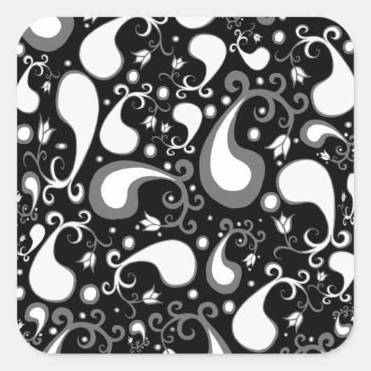 Abstract zwart-wit Tulip Paisley Floral Vierkante Sticker (Voorkant)