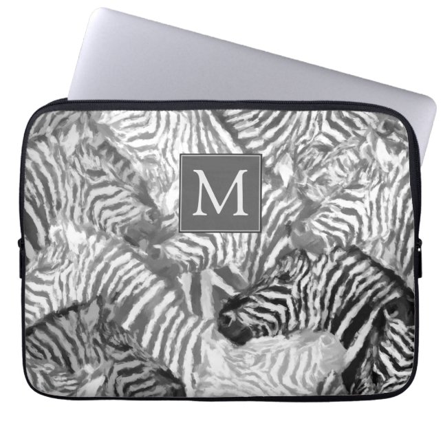 Abstract zwart-wit zebra kunst monogram laptop sleeve (Voorkant)