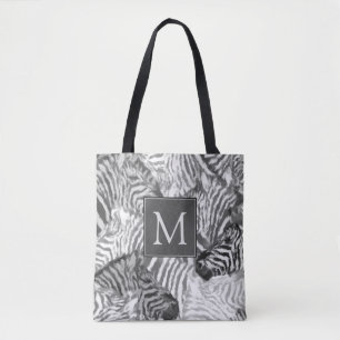 Abstract zwart-wit zebra kunst monogram tote bag